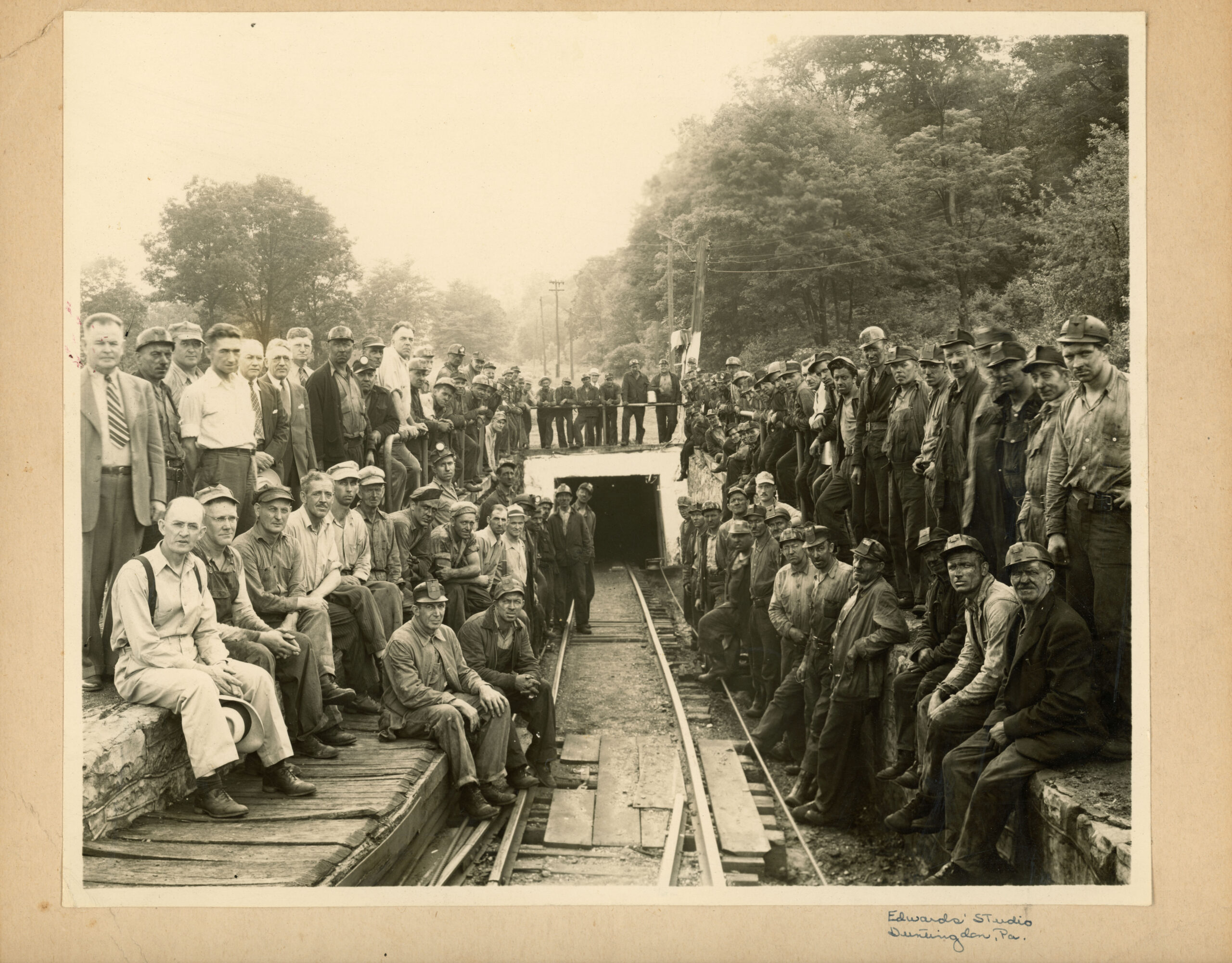 FEBT.2024.4.3. Miners at Portal of Rockhill Iron and Coal Company, No. 5 Mine. Unknown Date. Edward’s Studio, Huntingdon, Pa.